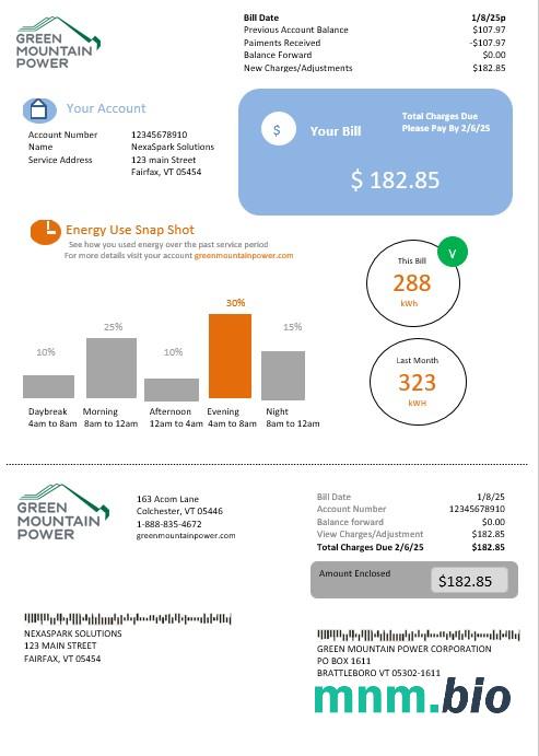 USA Vermont Green Mountain Power electricity rachunek za usługi komunalne w formatach Word i PDF